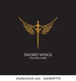 Sword with Wings. Golden Sword Symbol on Black Background.