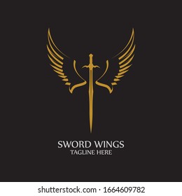 Sword with Wings. Golden Sword Symbol on Black Background.