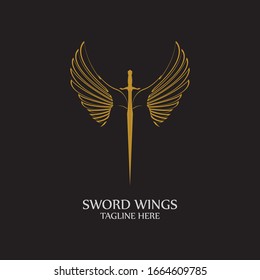 Sword with Wings. Golden Sword Symbol on Black Background.