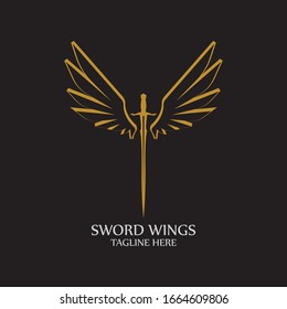 Sword with Wings. Golden Sword Symbol on Black Background.