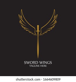 Sword with Wings. Golden Sword Symbol on Black Background.