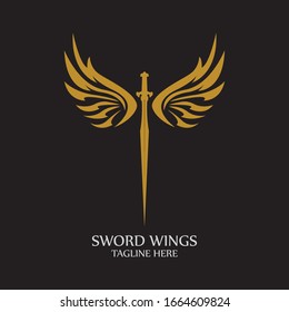 Sword with Wings. Golden Sword Symbol on Black Background.