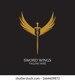 Sword with Wings. Golden Sword Symbol on Black Background.