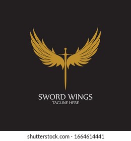 Sword with Wings. Golden Sword Symbol on Black Background.