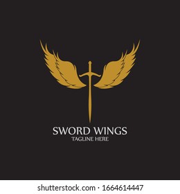 Sword with Wings. Golden Sword Symbol on Black Background.