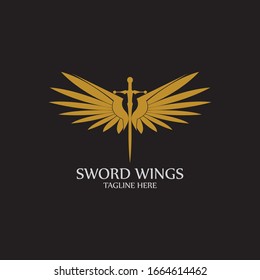 Sword with Wings. Golden Sword Symbol on Black Background.