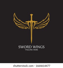 Sword with Wings. Golden Sword Symbol on Black Background.