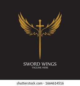 Sword with Wings. Golden Sword Symbol on Black Background.