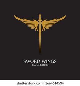 Sword with Wings. Golden Sword Symbol on Black Background.