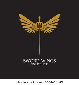 Sword with Wings. Golden Sword Symbol on Black Background.