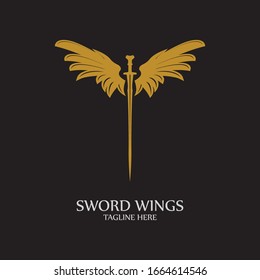 Sword with Wings. Golden Sword Symbol on Black Background.