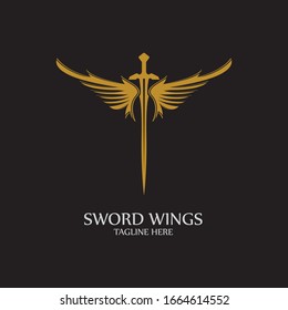 Sword with Wings. Golden Sword Symbol on Black Background.