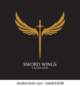 Sword with Wings. Golden Sword Symbol on Black Background.