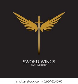 Sword with Wings. Golden Sword Symbol on Black Background.