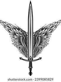 Sword with wings. Guard. Design element for logo, label, emblem, sign, badge and tattoo