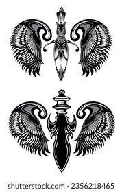 Sword with wings. Guard. Medieval sword with wings. Design element for logo, label, emblem, sign