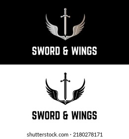 Sword and Wings silhouette knight angel for retro vintage security and protection company logo design