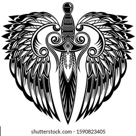 Sword with wings. Tattoo of a sharp sword with flowing wings in tribal style