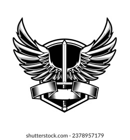 Plantilla de diseño del logotipo del escudo de imagen vectorial de espadas y alas