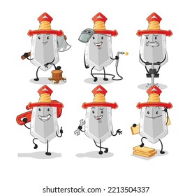 el carácter de juego de palabras del trabajador de la espada. vector de mascota de dibujos animados