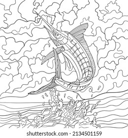 Swordfish Beach Coloring book antistress for children and adults. Illustration isolated on white background.Zen-tangle style. Hand draw
Black and white drawing 