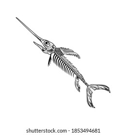 Swordfish bones vector illustration. Fish skeleton, chord, fins, head and tale. Dead animal or food concept for emblems and labels templates