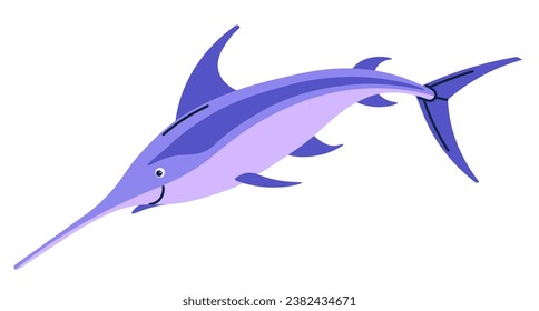 Swordfish character with smiling face, isolated fish of sea or ocean. Oceanic and aquatic creature with elongated body and no scales, fins and tail. Oceanarium or zoo animal. Vector in flat style