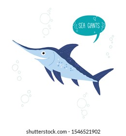 Swordfish character., Underswater animal. Cartoon vector hand drawn eps 10 illustration isolated on white background in a flat style.