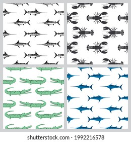 Swordfish, Crocodile, Shrimp Cartoon vector seamless vector pattern isolated on white background. design for use background, fabric, wallpaper and others. Vector art illustration.