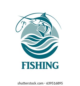 swordfish fishing emblem with waves and hook