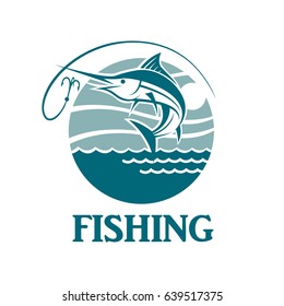 swordfish fishing emblem with waves and hook