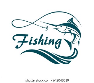 swordfish fishing emblem with waves and hook