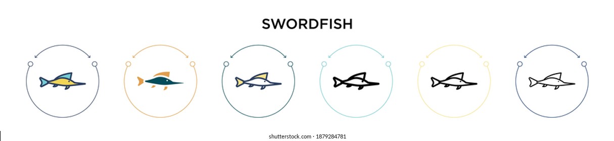 Swordfish icon in filled, thin line, outline and stroke style. Vector illustration of two colored and black swordfish vector icons designs can be used for mobile, ui, web