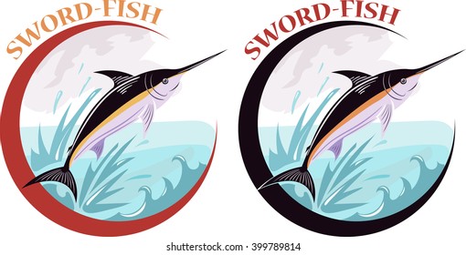 Sword-fish label. Cartoon vector illustration