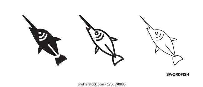 Juego de iconos de la línea de pez espada. Estos iconos incluyen el juego de iconos de pez espada delgado, grueso y de silueta. Línea editable. Icono de pescado. Plantilla de logotipo de pescado. Símbolo vectorial creativo del club de pesca o tienda web en línea.