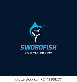 Swordfish Logo isolated on dark blue background. Design swordfish for logo, Simple and clean flat design of the swordfish logo template. Suitable for your design need, logo, illustration, animation.