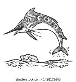 Swordfish marlin jumping from water sketch engraving vector illustration. Scratch board style imitation. Hand drawn image.