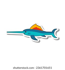 Swordfish Marlin with sharp long nose flat paper sticker. Predatory dangerous fish, inhabitant of sea depths and oceans isolated on white background. Nature, aquarium, animals and fish concept