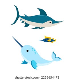 Swordfish and Narwhale as Sea Animal Floating Underwater Vector Set