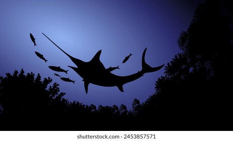 Swordfish in the ocean, flat color illustration