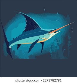 Swordfish in pelagic zone. Underwater fish and sea creatures in natural habitat. Flat vector illustration concept