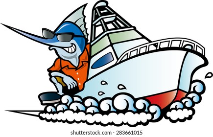 Swordfish riding a boat
