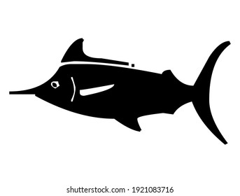 Swordfish, Sea Fish, Sea Animal, Silhouette, Vector, Illustration, In Black And White Color, Isolated On White Background