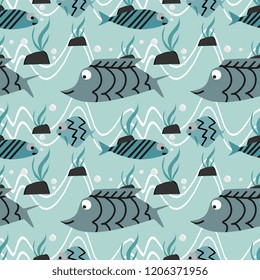 swordfish seamless pattern with cute hand drawn cartoon character background vector for baby and kids fashion textile ready to print.