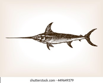 Swordfish sketch style vector illustration. Old engraving imitation.