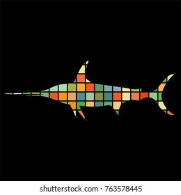Swordfish trout fish mosaic color silhouette aquatic animal background black. Vector Illustrator