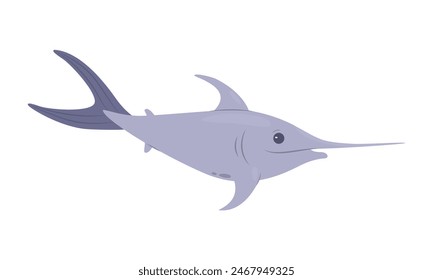 Swordfish, underwater fish and predator of deep sea or ocean bottom vector illustration