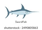 Swordfish vector illustration. Cute swordfish cartoon clipart, animal in flat style. Sea animals, underwater creatures, ocean animals, marine life concept. Swordfish vector design isolated on white