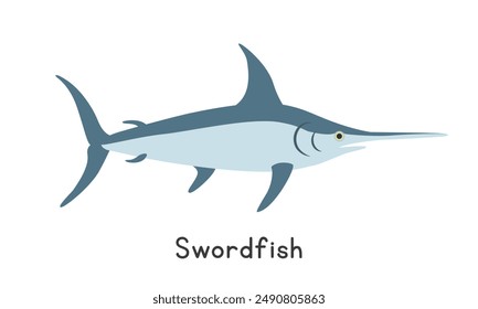 Swordfish vector illustration. Cute swordfish cartoon clipart, animal in flat style. Sea animals, underwater creatures, ocean animals, marine life concept. Swordfish vector design isolated on white