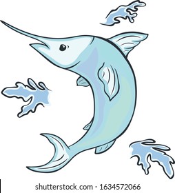 Swordfish vector image in minimal style, isolated on white background. Cartoon swordfish. Sword fish in cartoon style on a children's theme. Magic underwater world. Long nose fish. Ocean inhabitants.